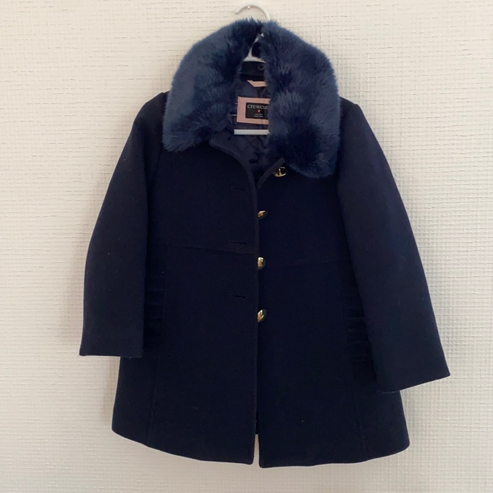 Girls 4-5 Crewcuts Navy Fur-Trimmed Wool Coat with Gold Buttons. Worn twice.